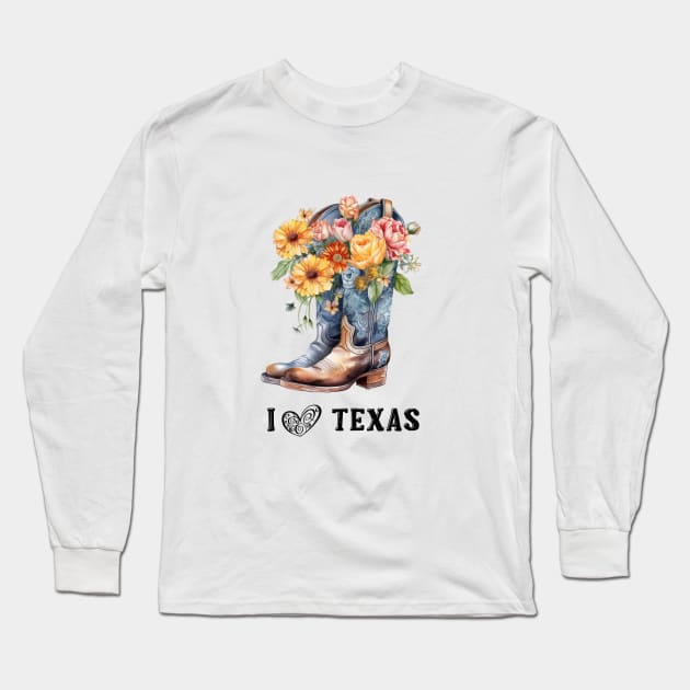 I Love Texas Boho Cowboy Boots Watercolor Art Long Sleeve T-Shirt by AdrianaHolmesArt